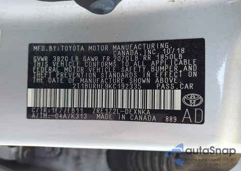 2019 Toyota Corolla Le из США, поврежденный, VIN 2T1BURHE9KC192335